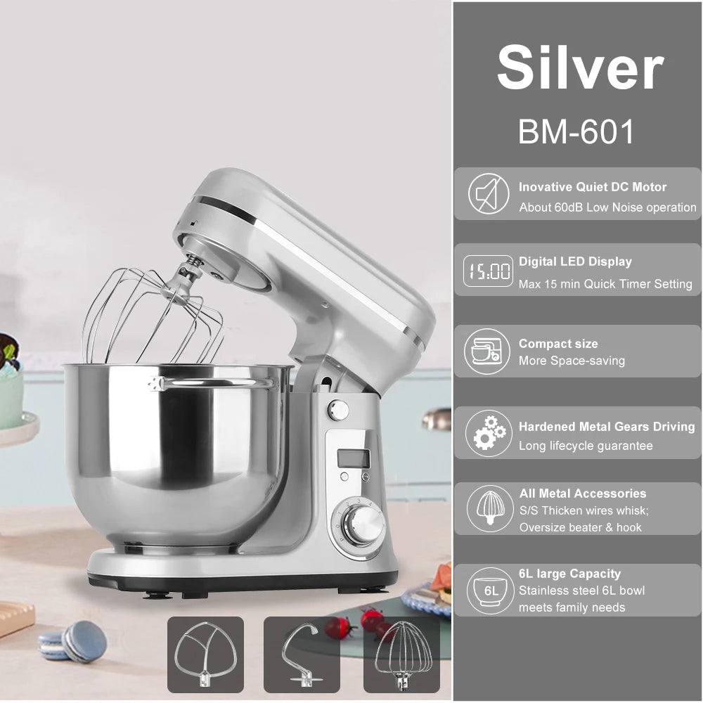 BioloMix Kitchen Food Stand Mixer, Blender, Quiet Motor, Cream Egg Whisk, Whip Dough Kneader, 6-Speed, 1200 W, 6 L, DC